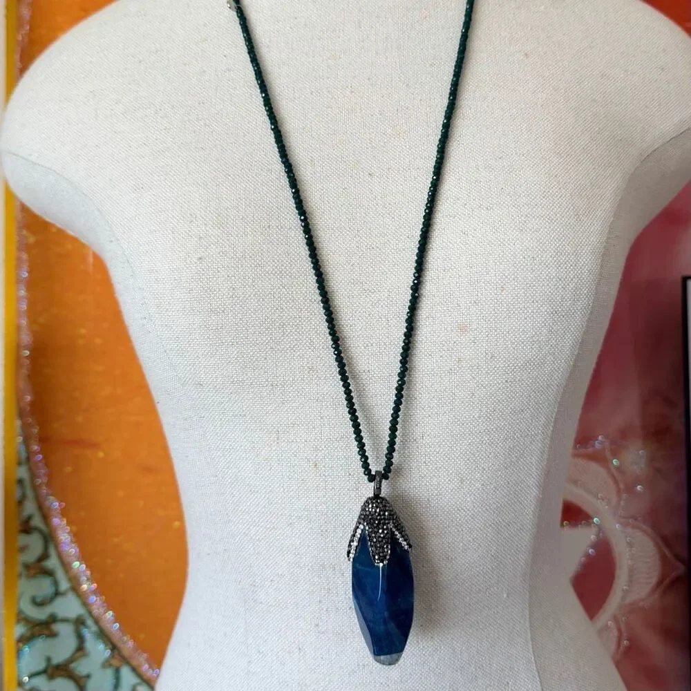 JK CN Blue Agate Crystal Point Statement Necklace with Pave Rhinestone Cap
